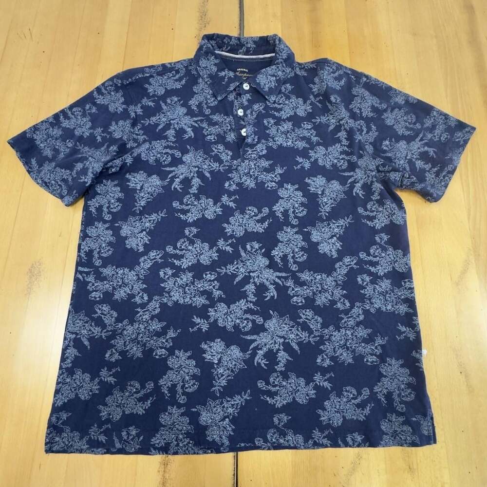 Weatherproof Vintage Floral Polo Size L Navy Blue Short Sleeve Shirt